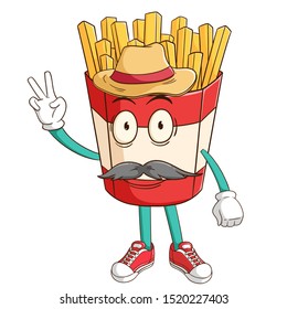 A farmer of french fries cartoon character with peace hand sign and funny smile face