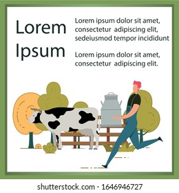 Farmer and Fresh Dairy Products Advertising Banner. Man Carrying Steel Can after Milking Cow. Farming and Feeding Animals. Countryside, Rural, Village Landscape. Milkman at Work. Vector Illustration
