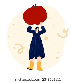 Farmer with fresh harvested vegetable. Flat vector illustration of a woman holding oversized red tomato. Person harvesting big healthy organic plant from own garden. Fresh local farm products concept.