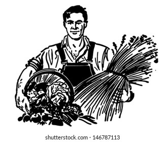 Farmer With Fresh Produce - Retro Clip Art Illustration