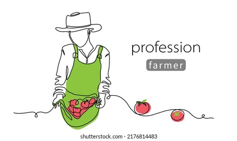 Konzept für frisches Gemüse aus der Landwirtschaft. Tomaten in den Hämmern der Frau Schürze. Vektorhintergrund, Banner, Poster. Eine durchgängige Kunstzeichnung für frisches Gemüse.