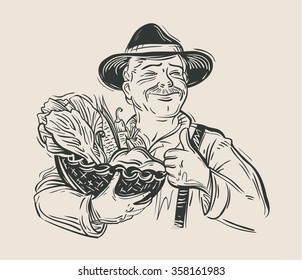 Farmer And Fresh Vegetables. Sketch. Vector Illustration