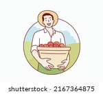 Farmer with freshly harvested apples in wooden box. Hand drawn style vector design illustrations.
