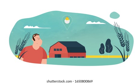 Farmer in front of his farm and chick