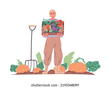 Farmer in garden with box of vegetables