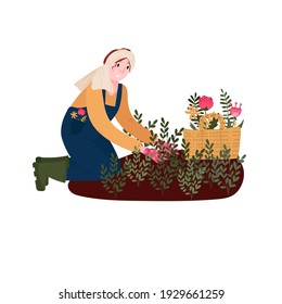 Farmer in garden growing flowers. Woman in overall and gloves cultivate plant. Female worker farming in summer. Girl with basket caring for greens.