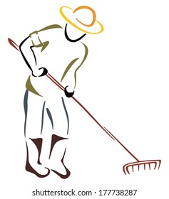 Bauer mit Gartenrake