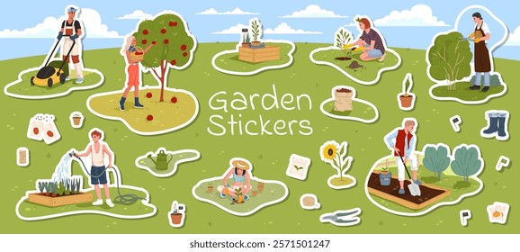 Farmer, gardener and agronomist characters stickers pack. Vector patches feature men and women engaged in gardening activities like harvesting, planting, digging soil, and watering plants in garden