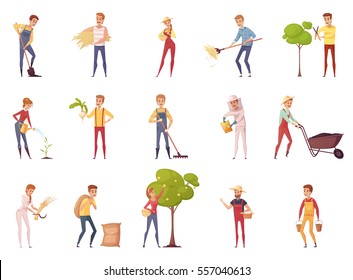 Farmer gardener cartoon people characters set of isolated young male and female figures with gardening equipment vector illustration