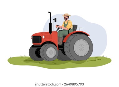 Farmer gardener character in tractor on field for agrarian agriculture, vector farm people. Farmer man or gardener worker in tractor, harvesting crop or ploughing soil in farming field of farmland