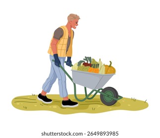 Farmer or gardener character with vegetables harvest in wheelbarrow, vector farm people. Farmer man or gardener on agriculture farm worker carrying veggie harvest in cart from farming field