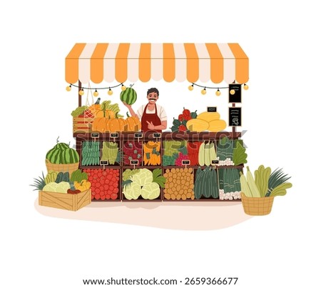 Farmer and gardener character working at vegetable stand under awning with fresh local fresh produce displayed in wooden crates, promoting fresh food, sustainability, community and healthy lifestyle