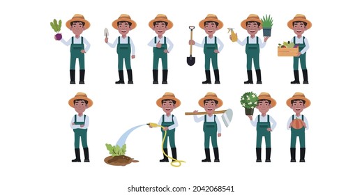 Agricultor y jardinero con diferentes poses

