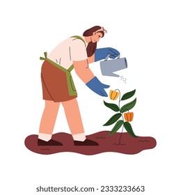 Farmer or gardener female character watering plant with watercan, flat cartoon vector illustration isolated on white background. Woman farmer doing agricultural work.