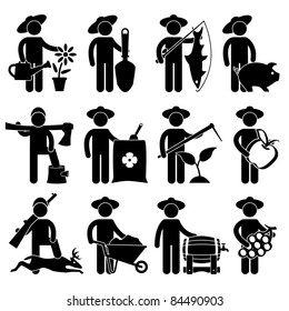 Farmer Gardener Fisherman Poultry Lumberjack Hunter Village Job Occupation Sign Pictogram Symbol Icon