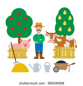 farmer gardener garden elements trees cow pig  wheelbarrow watering can bucket fence haystack isolated on white background