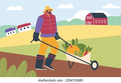 Los granjeros o los jardineros cosechan verduras de los campos y las sacan en un carrito. Pancarta de agricultura, ilustración vectorial de dibujos planos.