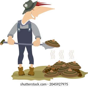 The farmer or gardener holding a shovel with organic manure.
Bunch of organic fertilizers and the farmer or gardener with a shovel isolated on white
