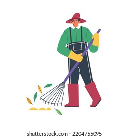 Farmer or gardener male character works with a rake, cartoon flat vector illustration isolated on white background. Agricultural worker working in garden or field.