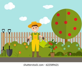 Farmer Gardener Man with Watering Can and Tomato Plant in Modern Flat Style Vector Illustration EPS10