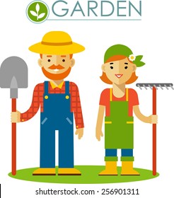 Farmer Gardener Man And Woman With Shovel In Flat Style