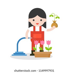 farmer or gardener and sapling in hand in flat design