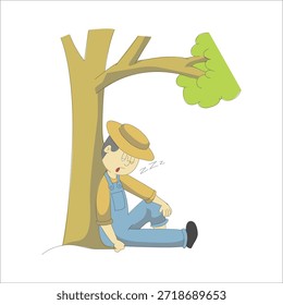 Granjero o jardinero durmiendo bajo una Ilustración vectorial de árbol