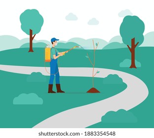 Farmer or gardener sprays pesticides or insecticides on plants, flat vector illustration. Professional chemical protection against insects and garden pests. svg