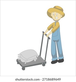 Agricultor o jardinero usando una Ilustración vectorial de cortadora de césped