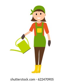 Farmer Gardener Woman with With Watering Can in Modern Flat Style EPS10