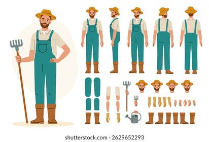 Farmer or gardener worker wearing overall uniform holding work tool. Character for animation. Front, side and back view set. Body parts, postures, poses collection. Vector illustration.