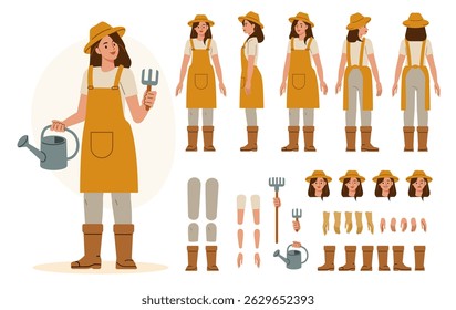 Farmer or gardener worker wearing uniform holding garden tool and watering can. Character for animation. Front, side and back view set. Body parts, postures, poses collection. Vector illustration.