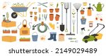 Farmer and gardening tools, agriculture farming equipment, vector icons. Garden shovel and rake with watering can and wheelbarrow, lawn mower with pruner and spade or gardening secateurs and hoe