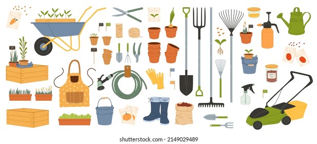 Farmer and gardening tools, agriculture farming equipment, vector icons. Garden shovel and rake with watering can and wheelbarrow, lawn mower with pruner and spade or gardening secateurs and hoe