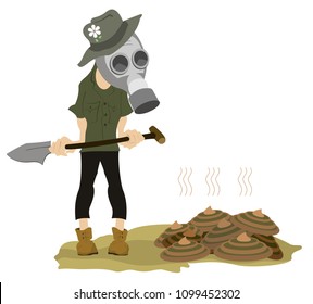 Farmer in the gas mask with a spade stays near a dunghill isolated on white illustration vector
