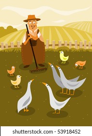 Farmer with geese and chicken - vector