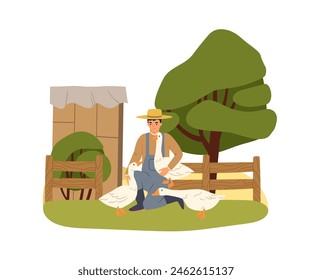 Farmer with geese at countryside farm, breeding poultry. Rural scene, man and domestic bird in summer. Organic agriculture, free range goose. Flat vector illustration isolated on white background