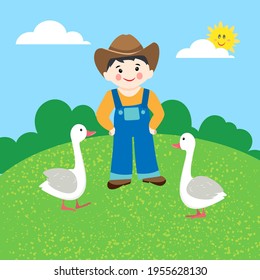 Farmer with geese. Vector illustration in cartoon style. Rural landscape