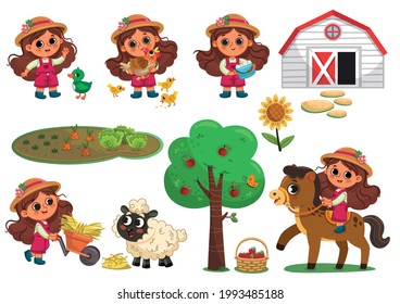 Farmer girl and animals character set on white background. Vector illustration set with farm theme for kids.