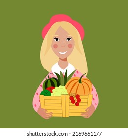 Farmer girl with a box of vegetables and fruits. Cute blonde in a hat and a pink sweater. The girl from the countryside. Vector illustration on a green background flat style.