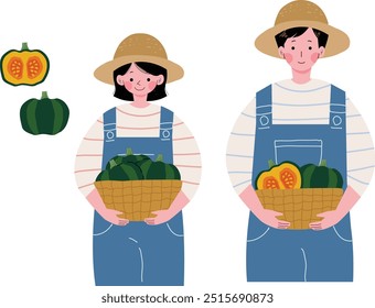 Farmer girl and boy harvesting Japanese squash