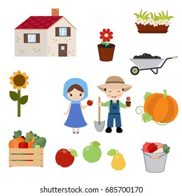 Farmer girl and boy on white background. Set of trees and gardening icons.
