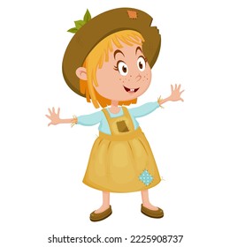 A farmer girl or child in scarecrow costume. Vector illustration isolated on a white background for banner, packaging, invitation.