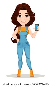 Farmer girl dressed in work jumpsuit. Cute cartoon character holding smartphone. Can be used for animation, as design element and in any farm related project. Dismantled over the layers. Vector eps10