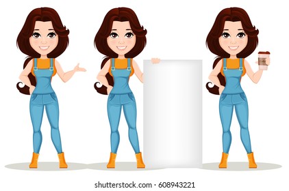 Farmer girl dressed in work jumpsuit. Set. Cute cartoon character. Beautiful farm girl holding coffee, making showcase sign and standing near big blank banner. Vector illustration. EPS10