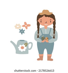 Farmer girl in flat style. Vector illustration isolated on white background for your design