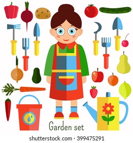 Farmer girl with garden equipment and fruits and vegetables. Garden illustration.