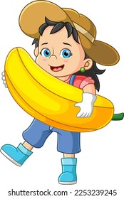 A farmer girl happily carrying a large banana of illustration