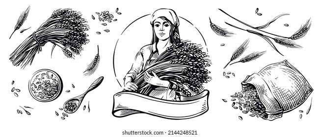 A farmer girl in a headscarf holds wheat in her hands. Great for logo and packaging. Grains of wheat in a canvas bag and a wooden spoon. Isolated headpiece. The illustration is hand drawn.