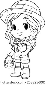 farmer girl hold hen and eggs coloring page for kids.vector illustration